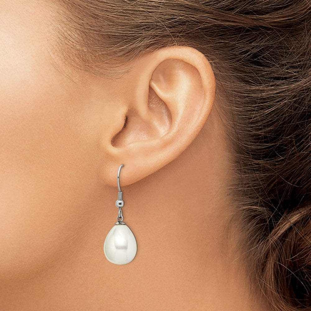 Stainless Steel Chisel Polished Shell Pearl Dangle Shepherd Hook Earrings