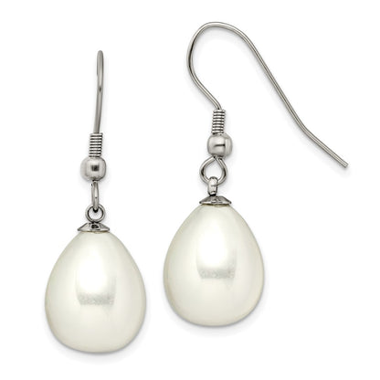 Stainless Steel Chisel Polished Shell Pearl Dangle Shepherd Hook Earrings