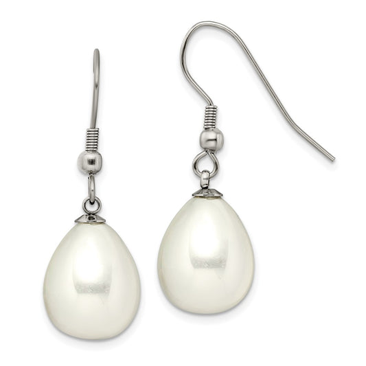 Stainless Steel Chisel Polished Shell Pearl Dangle Shepherd Hook Earrings