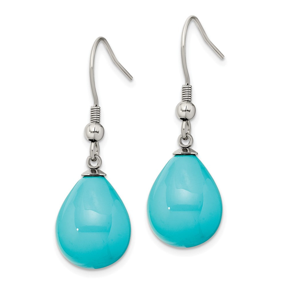 Stainless Steel Chisel Polished Blue Shell Pearl Dangle Shepherd Hook Earrings