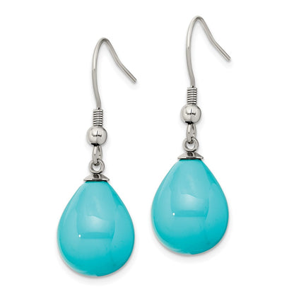 Stainless Steel Chisel Polished Blue Shell Pearl Dangle Shepherd Hook Earrings