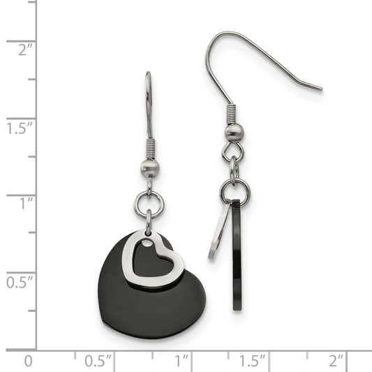 Stainless Steel Chisel Polished Black Ip-Plated Heart Dangle Earrings
