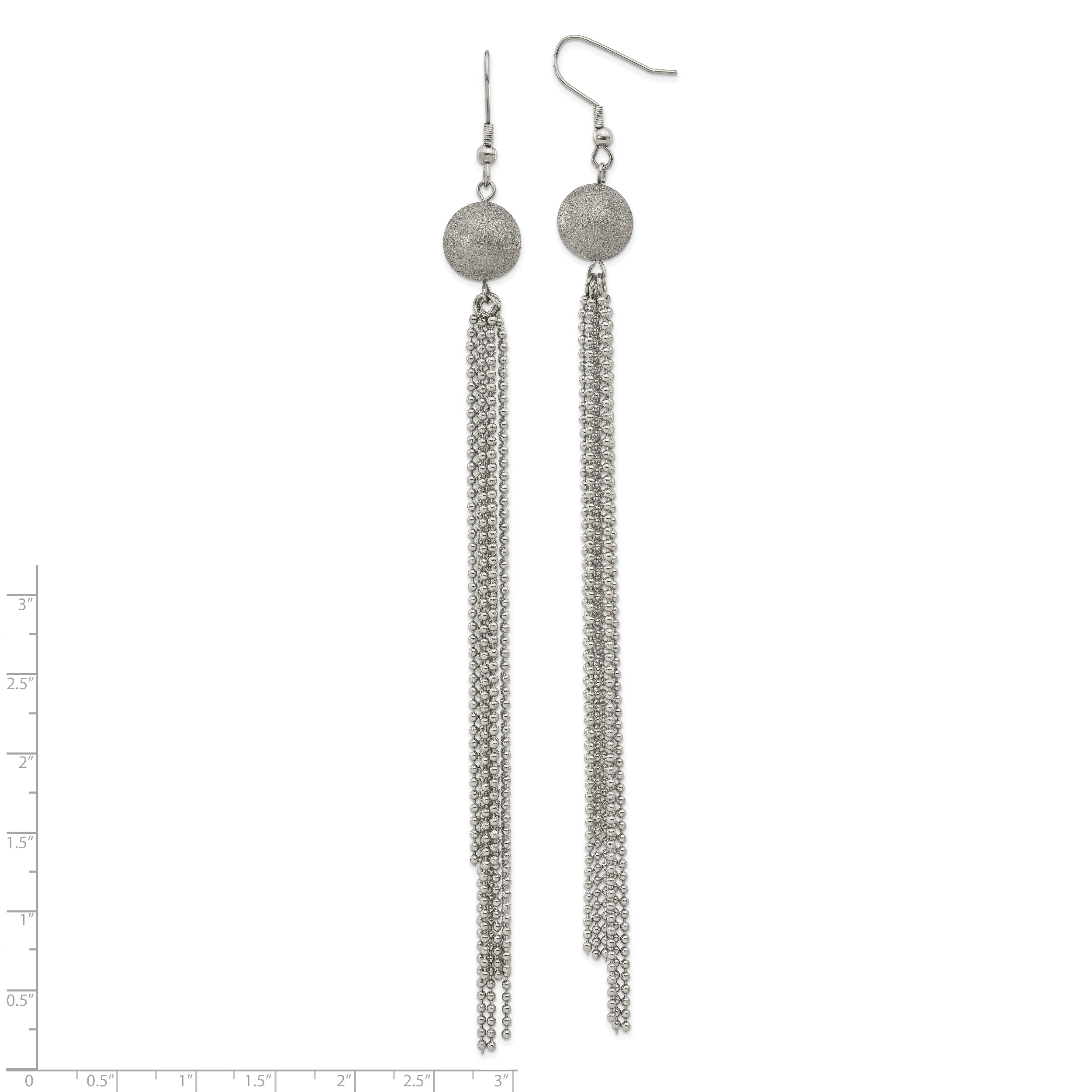 Stainless Steel Polished Laser Cut Bead W/ Tassel Dangle Earrings