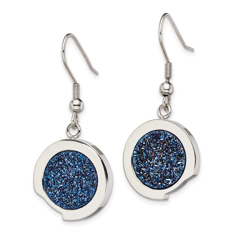 Stainless Steel Polished With Blue Druzy Dangle Shepherd Hook Earrings