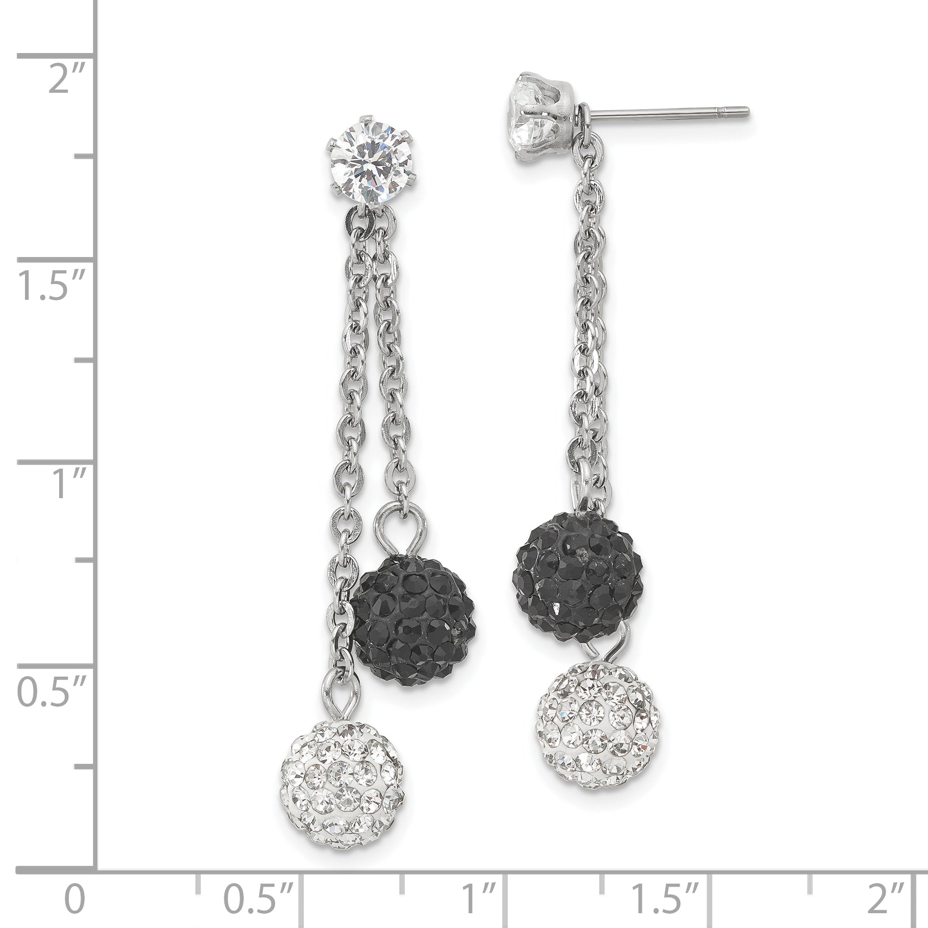 Stainless Steel Polished Black And White Crystal Post Dangle Earrings