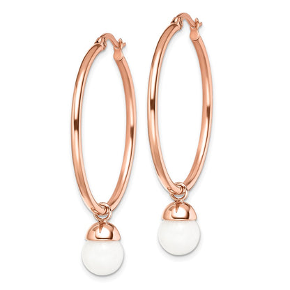 Stainless Steel Chisel Polished Rose Ip-Plated With White Jade Dangle Hoop Earrings