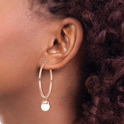 Stainless Steel Chisel Polished Rose Ip-Plated With White Jade Dangle Hoop Earrings