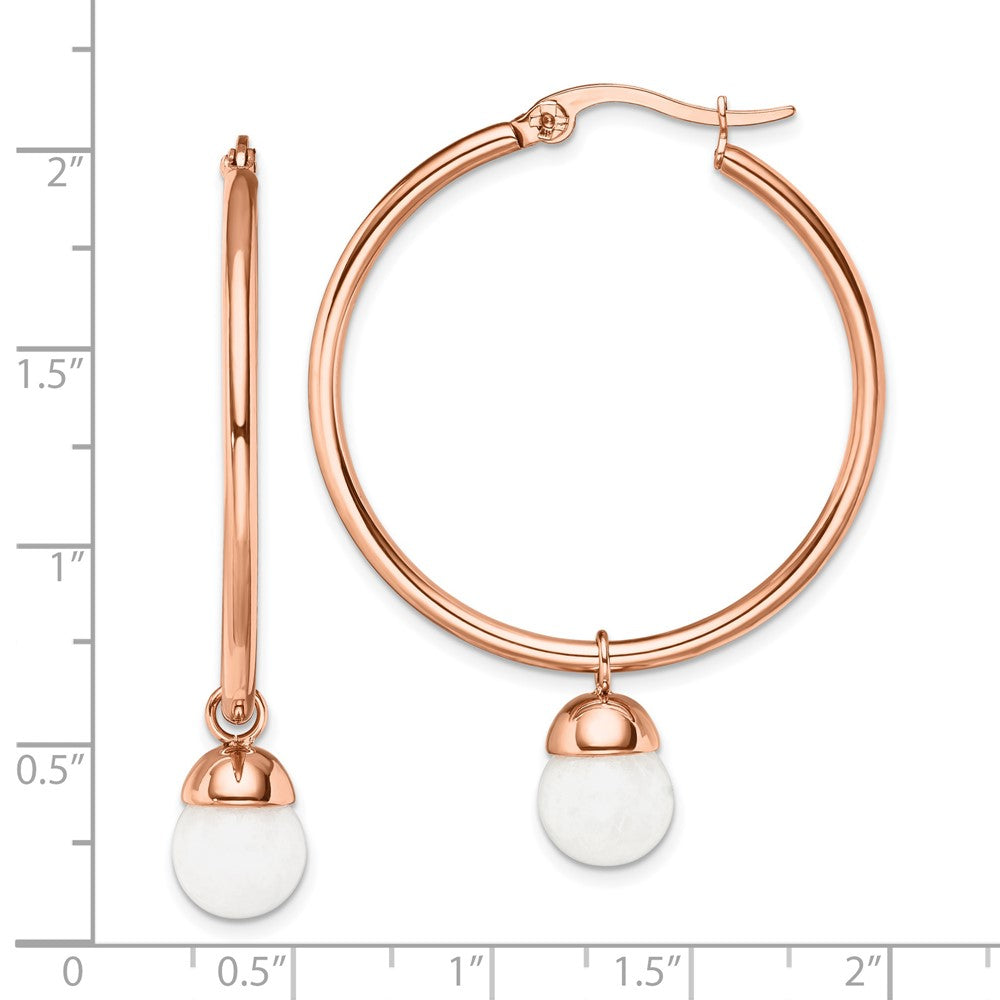 Stainless Steel Chisel Polished Rose Ip-Plated With White Jade Dangle Hoop Earrings