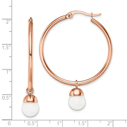 Stainless Steel Chisel Polished Rose Ip-Plated With White Jade Dangle Hoop Earrings