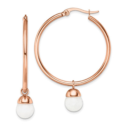 Stainless Steel Chisel Polished Rose Ip-Plated With White Jade Dangle Hoop Earrings