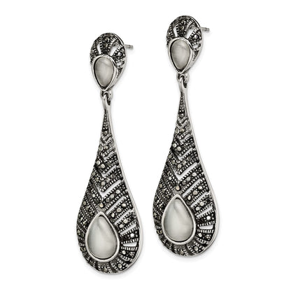 Stainless Steel Polished Marcasite Cat'S Eye Post Dangle Earrings