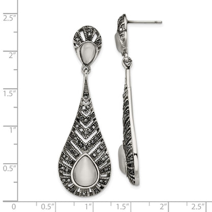 Stainless Steel Polished Marcasite Cat'S Eye Post Dangle Earrings