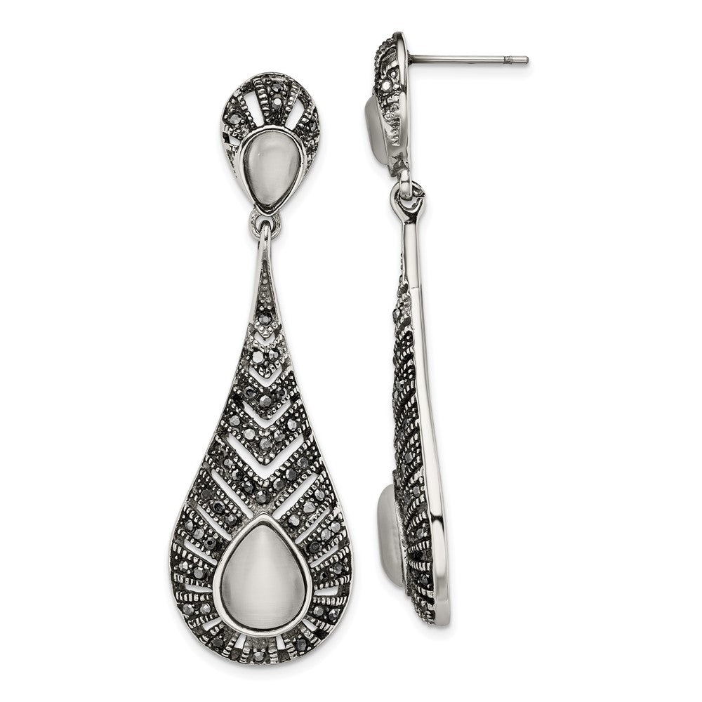 Stainless Steel Polished Marcasite Cat'S Eye Post Dangle Earrings
