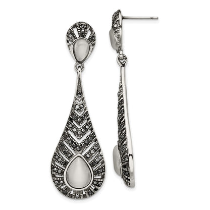Stainless Steel Polished Marcasite Cat'S Eye Post Dangle Earrings