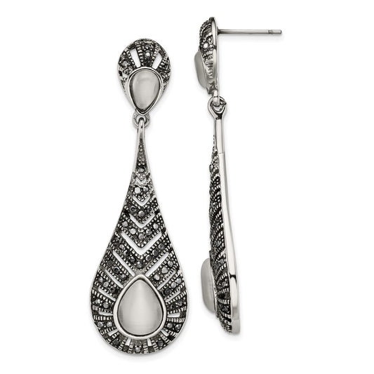 Stainless Steel Polished Marcasite Cat'S Eye Post Dangle Earrings