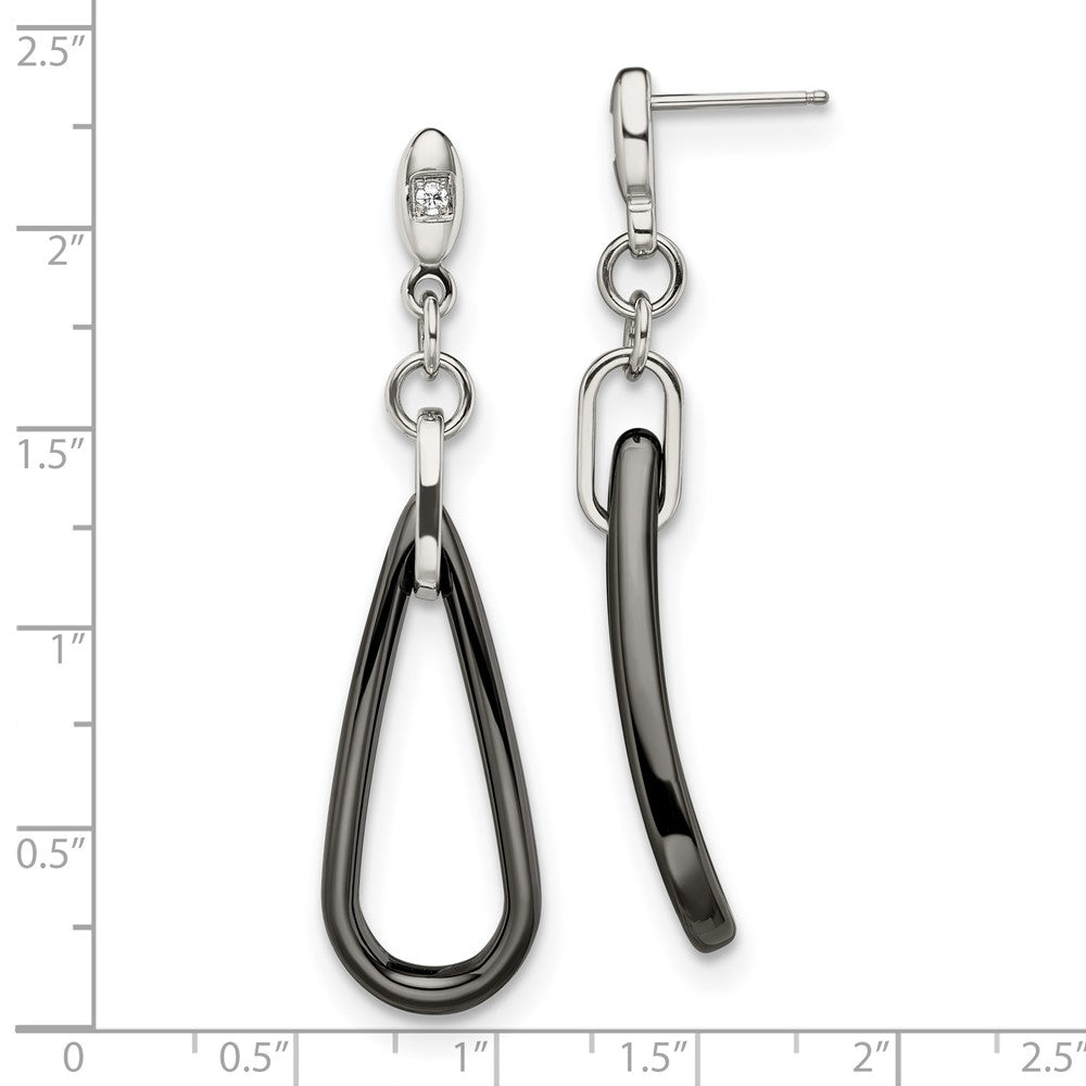 Stainless Steel Chisel Polished With Black Ceramic And Cz Dangle Post Earrings