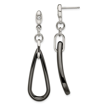 Stainless Steel Chisel Polished With Black Ceramic And Cz Dangle Post Earrings