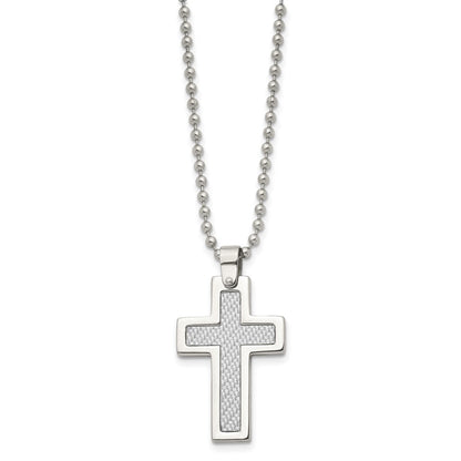 Stainless Steel Chisel Polished With Grey Carbon Fiber Inlay Cross Pendant On A 22 Inch Ball Chain Necklace