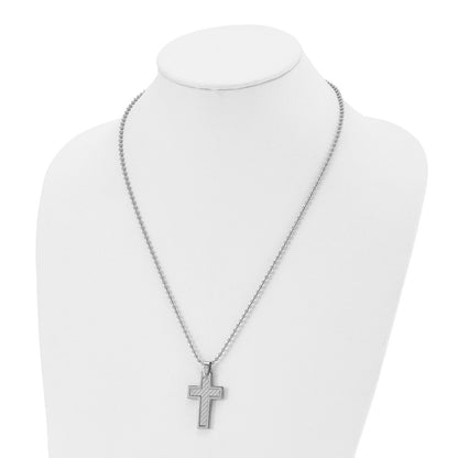Stainless Steel Chisel Polished With Grey Carbon Fiber Inlay Cross Pendant On A 22 Inch Ball Chain Necklace