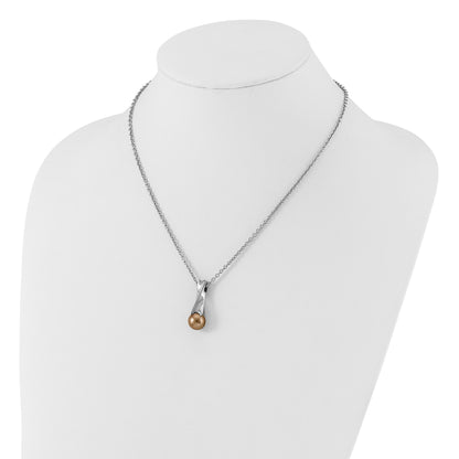 Stainless Steel Polished Champagne Simulated Pearl & Cz Pendant Necklace