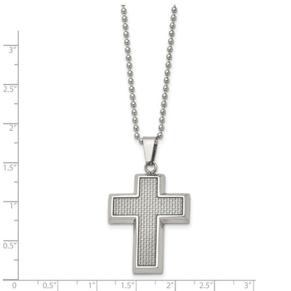 Stainless Steel Chisel Polished With Grey Carbon Fiber Inlay Cross Pendant On A 22 Inch Ball Chain Necklace