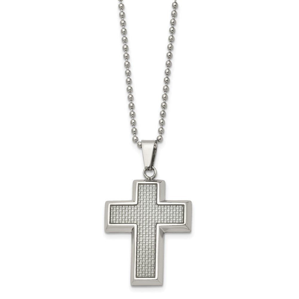 Stainless Steel Chisel Polished With Grey Carbon Fiber Inlay Cross Pendant On A 22 Inch Ball Chain Necklace