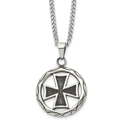 Stainless Steel Chisel Antiqued And Polished Cross In Circle Pendant On A 22 Inch Curb Chain Necklace