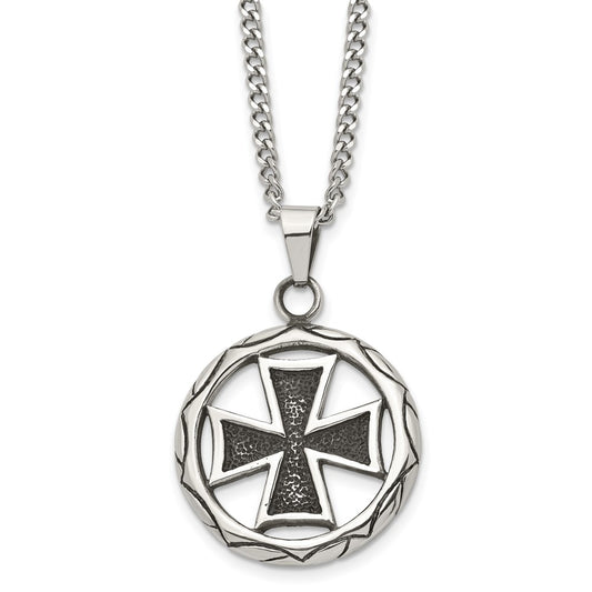 Stainless Steel Chisel Antiqued And Polished Cross In Circle Pendant On A 22 Inch Curb Chain Necklace