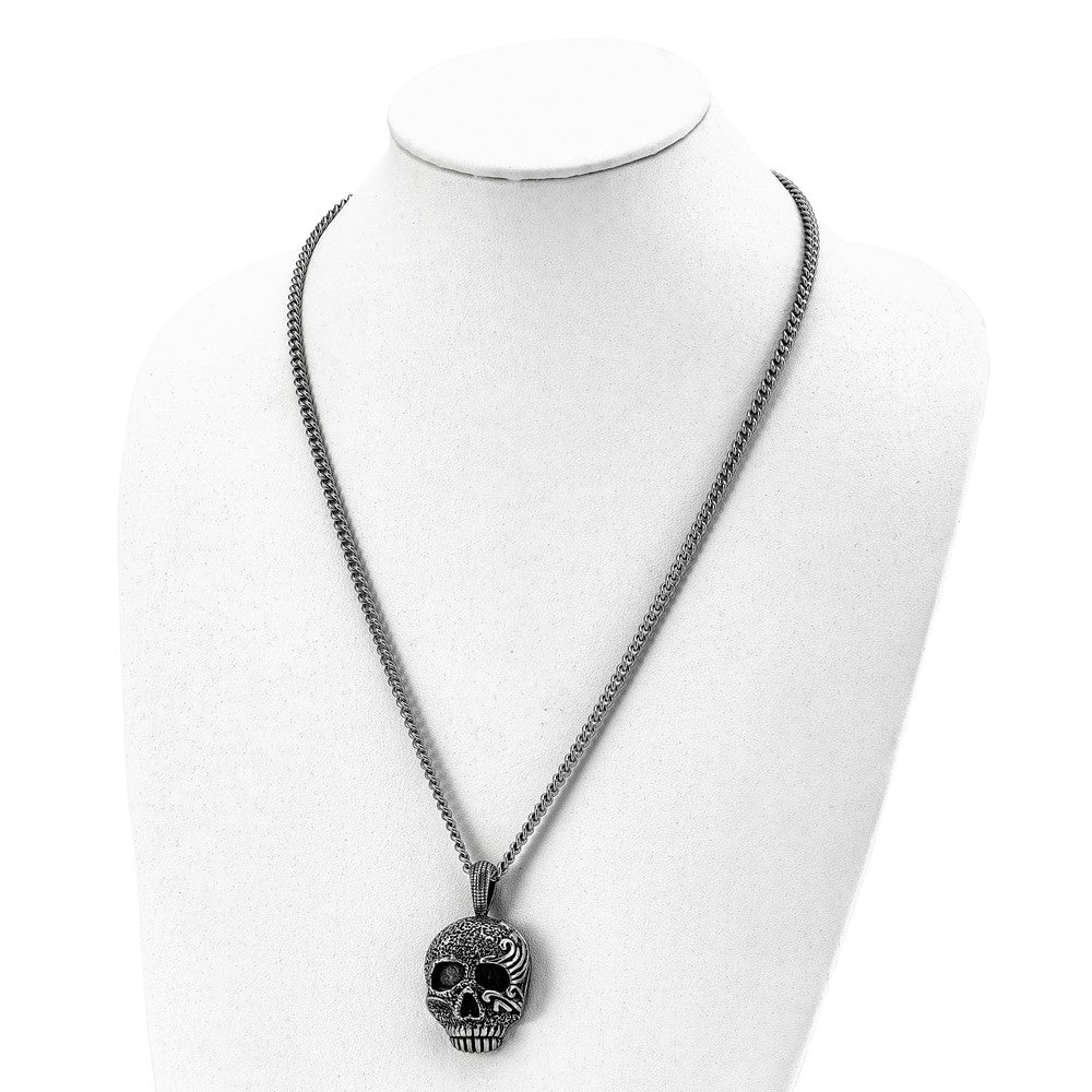 Stainless Steel Chisel Antiqued And Textured Skull Pendant On A 24 Inch Curb Chain Necklace
