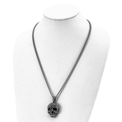 Stainless Steel Chisel Antiqued And Textured Skull Pendant On A 24 Inch Curb Chain Necklace