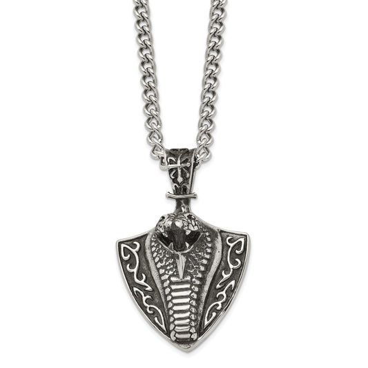 Stainless Steel Chisel Antiqued Polished And Textured Snake On Shield Pendant A 30 Inch Curb Chain Necklace