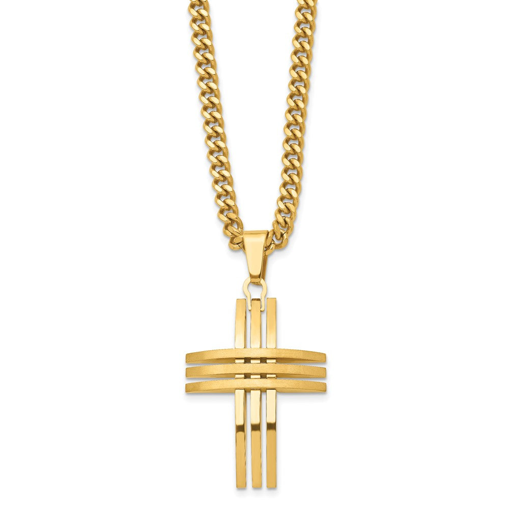 Stainless Steel Chisel Brushed And Polished Yellow Ip-Plated Cross Pendant On A 24 Inch Curb Chain Necklace
