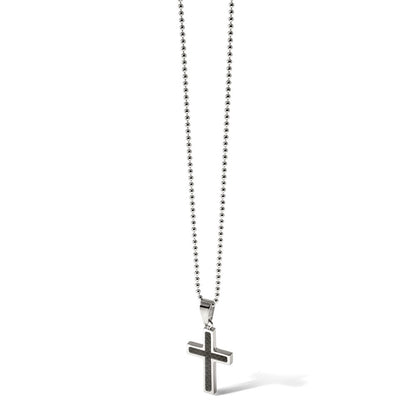 Stainless Steel Chisel Polished With Black Carbon Fiber Inlay Cross Pendant On A 22 Inch Ball Chain Necklace