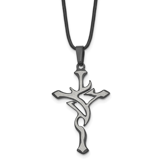 Stainless Steel Chisel Brushed And Polished Black Ip-Plated Cross Pendant On An 18 Inch Leather Cord Necklace