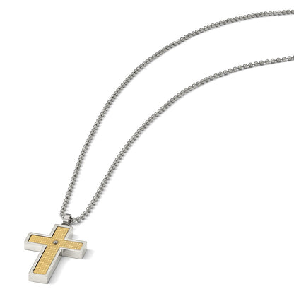 Stainless Steel Chisel Polished With 14K Gold Accent .01 Carat Diamond Cross Pendant On A 22 Inch Ball Chain Necklace