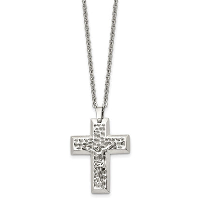 Stainless Steel Chisel Polished And Textured Crucifix Pendant On A 20 Inch Cable Chain Necklace