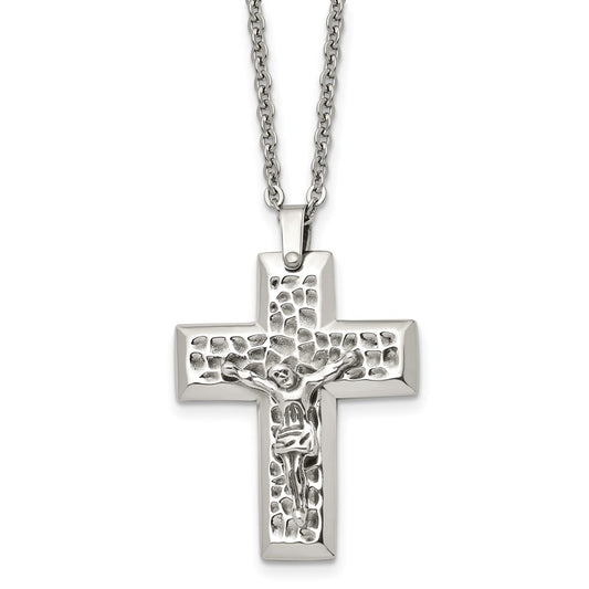 Stainless Steel Chisel Polished And Textured Crucifix Pendant On A 20 Inch Cable Chain Necklace