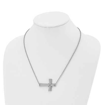Stainless Steel Chisel Polished Sideways Cross With Chain On A 21 Inch Cable Necklace