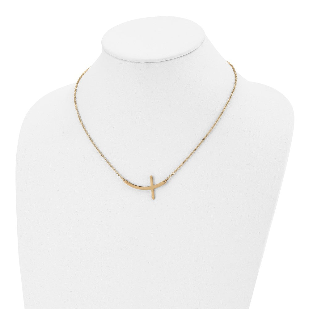 Stainless Steel Chisel Polished Yellow Ip-Plated Curved Sideways Cross On An 18 Inch Cable Chain Necklace
