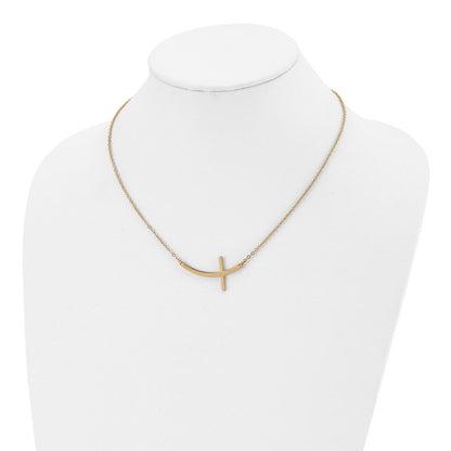 Stainless Steel Chisel Polished Yellow Ip-Plated Curved Sideways Cross On An 18 Inch Cable Chain Necklace