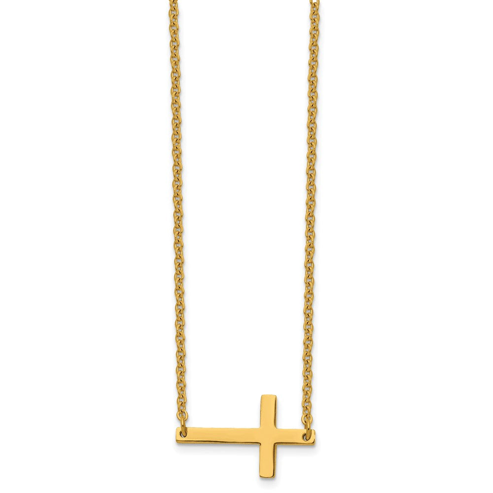 Stainless Steel Chisel Polished Yellow Ip-Plated Sideways Cross On An 18 Inch Cable Chain Necklace
