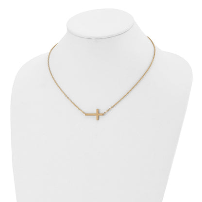 Stainless Steel Chisel Polished Yellow Ip-Plated Sideways Cross On An 18 Inch Cable Chain Necklace