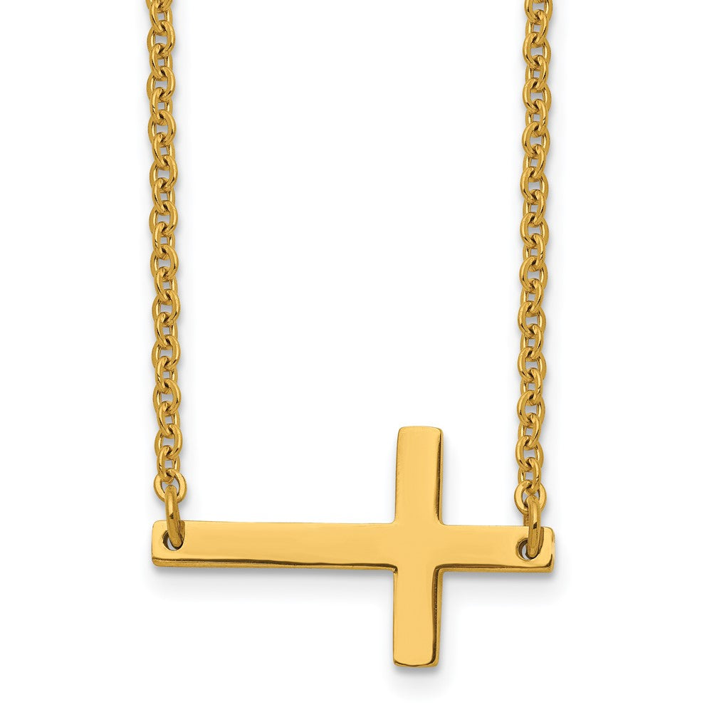 Stainless Steel Chisel Polished Yellow Ip-Plated Sideways Cross On An 18 Inch Cable Chain Necklace