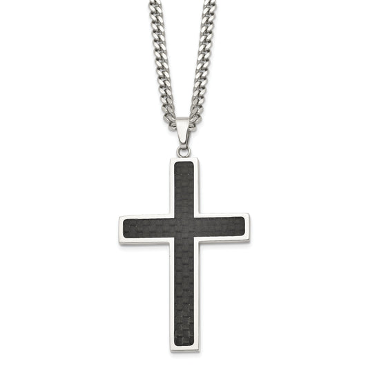 Stainless Steel Chisel Polished With Black Carbon Fiber Inlay Cross Pendant On A 24 Inch Curb Chain Necklace
