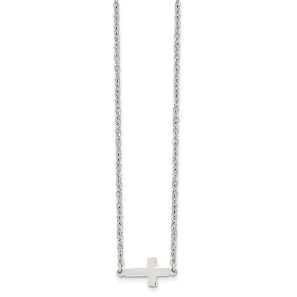 Stainless Steel Chisel Polished Sideways Cross On An 18 Inch Cable Chain Necklace