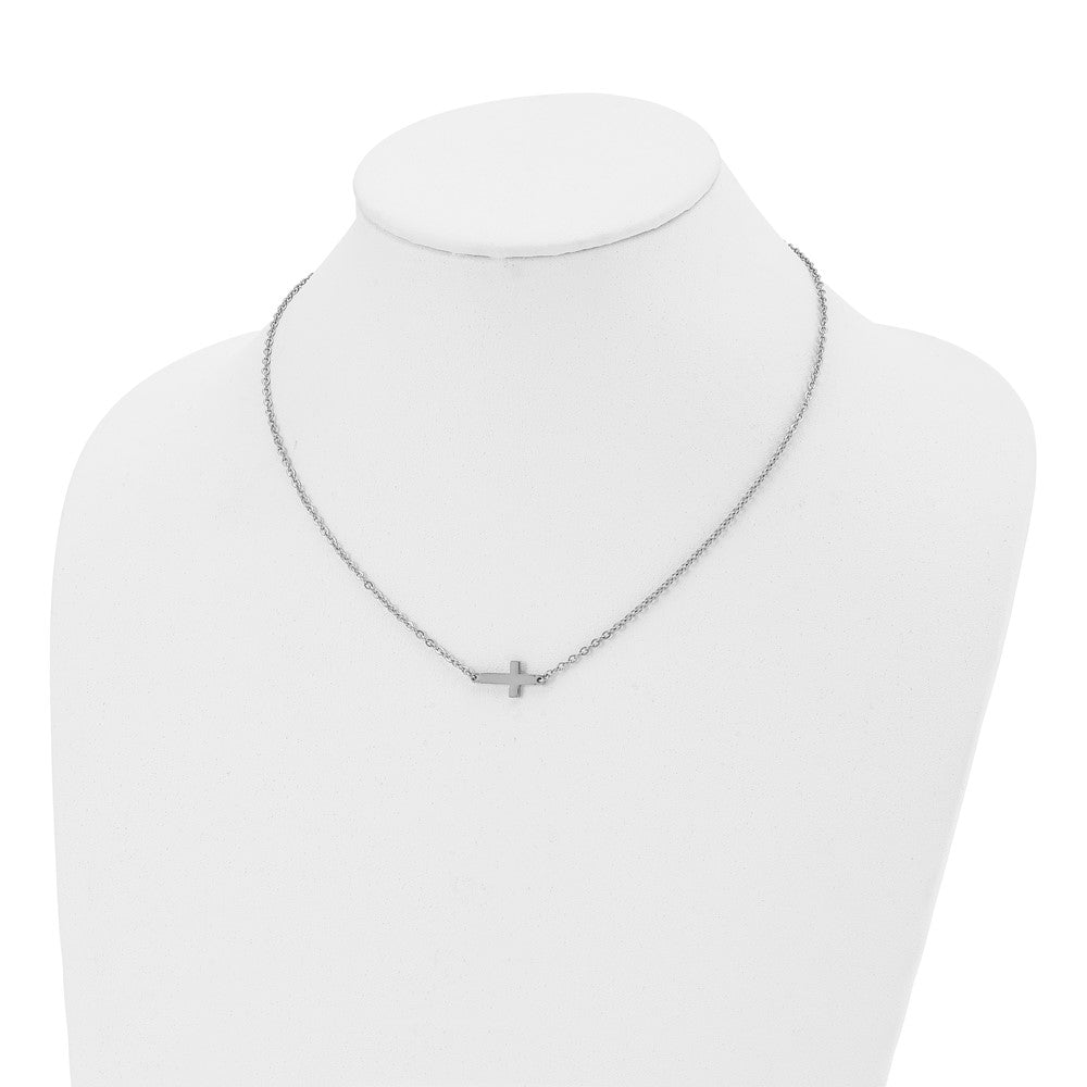 Stainless Steel Chisel Polished Sideways Cross On An 18 Inch Cable Chain Necklace