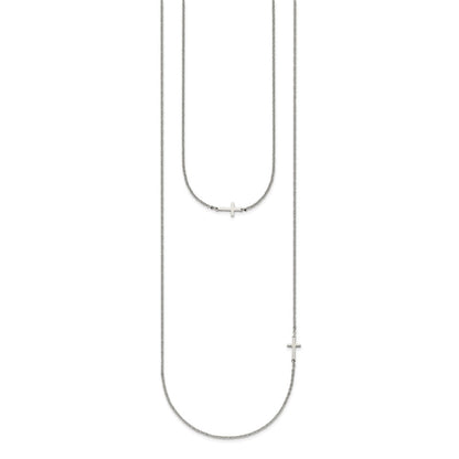 Stainless Steel Chisel Polished Layered Sideways Cross On An 18 Inch Cable Chain Necklace