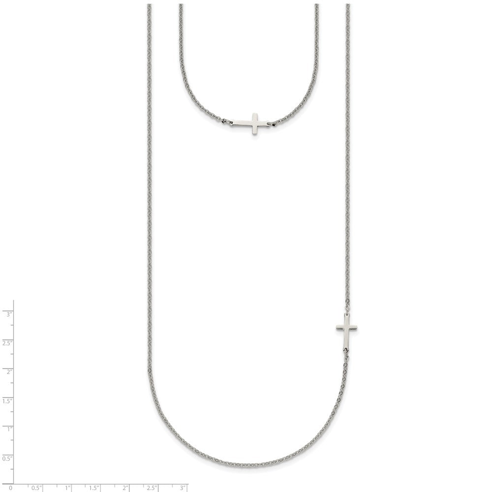 Stainless Steel Chisel Polished Layered Sideways Cross On An 18 Inch Cable Chain Necklace