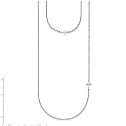 Stainless Steel Chisel Polished Layered Sideways Cross On An 18 Inch Cable Chain Necklace
