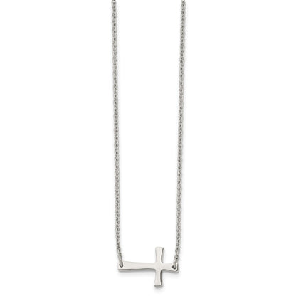 Stainless Steel Chisel Polished Sideways Cross On A 16 Inch Cable Chain Necklace